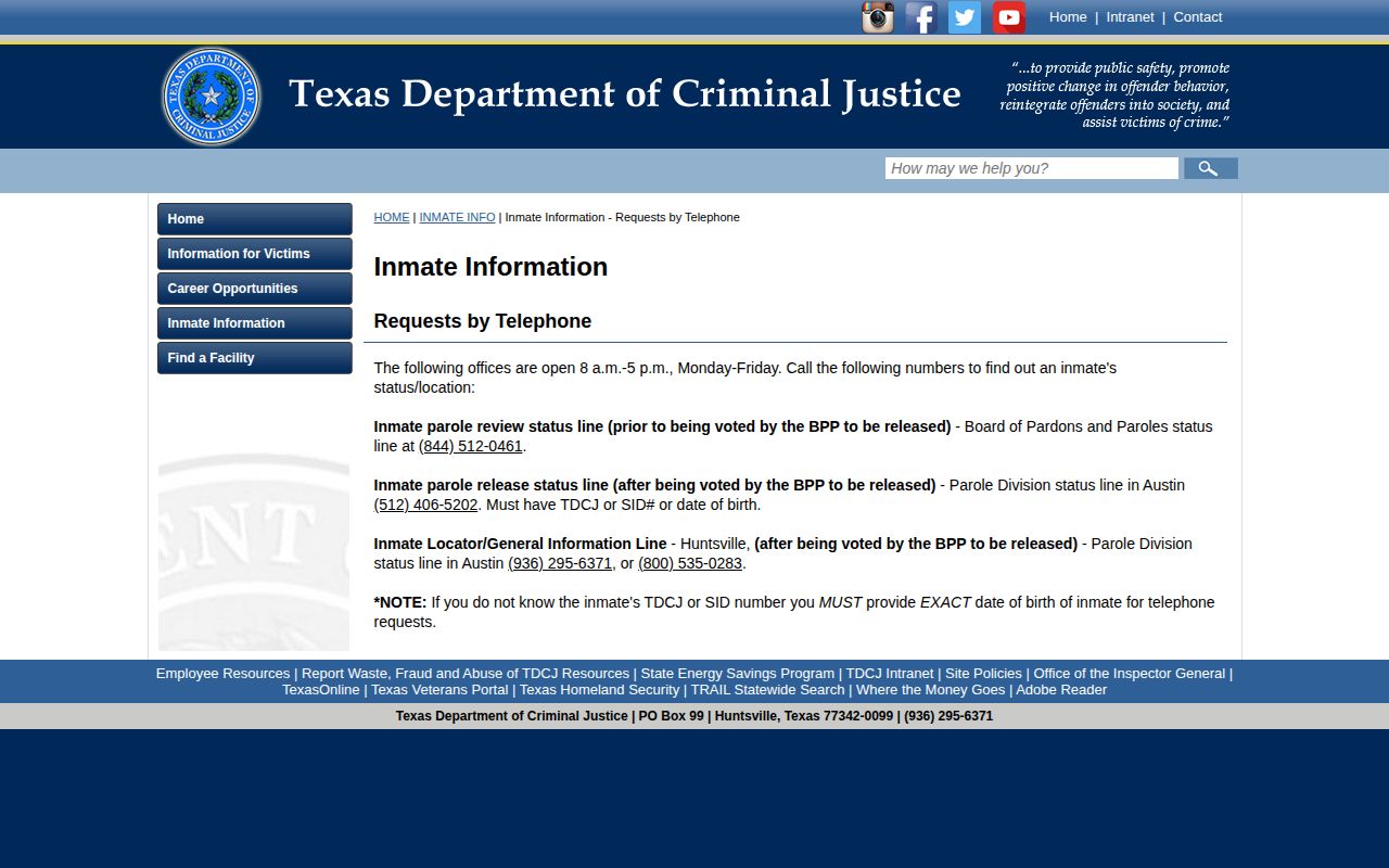 TDCJ statewide telephone lines for Zavala County release verification