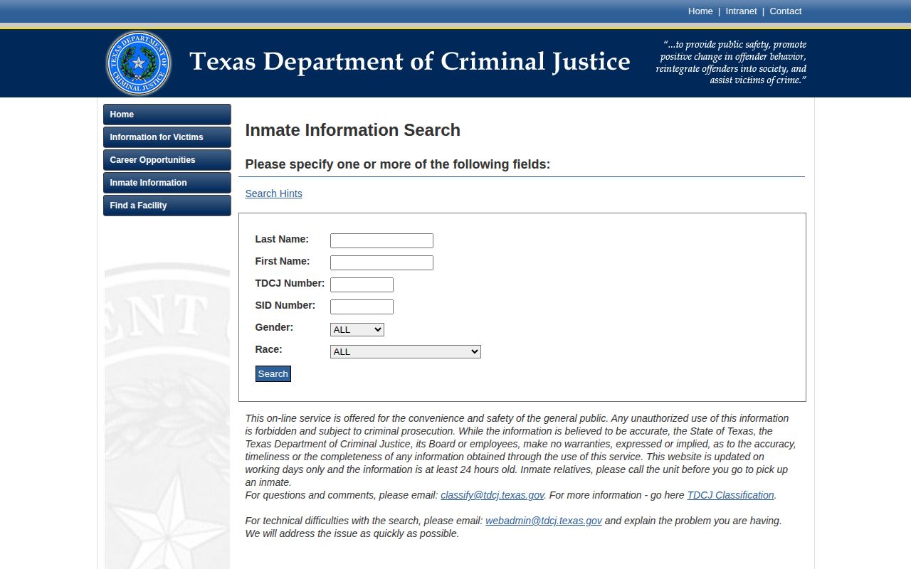 TDCJ statewide current custody search for a Zavala County state inmate