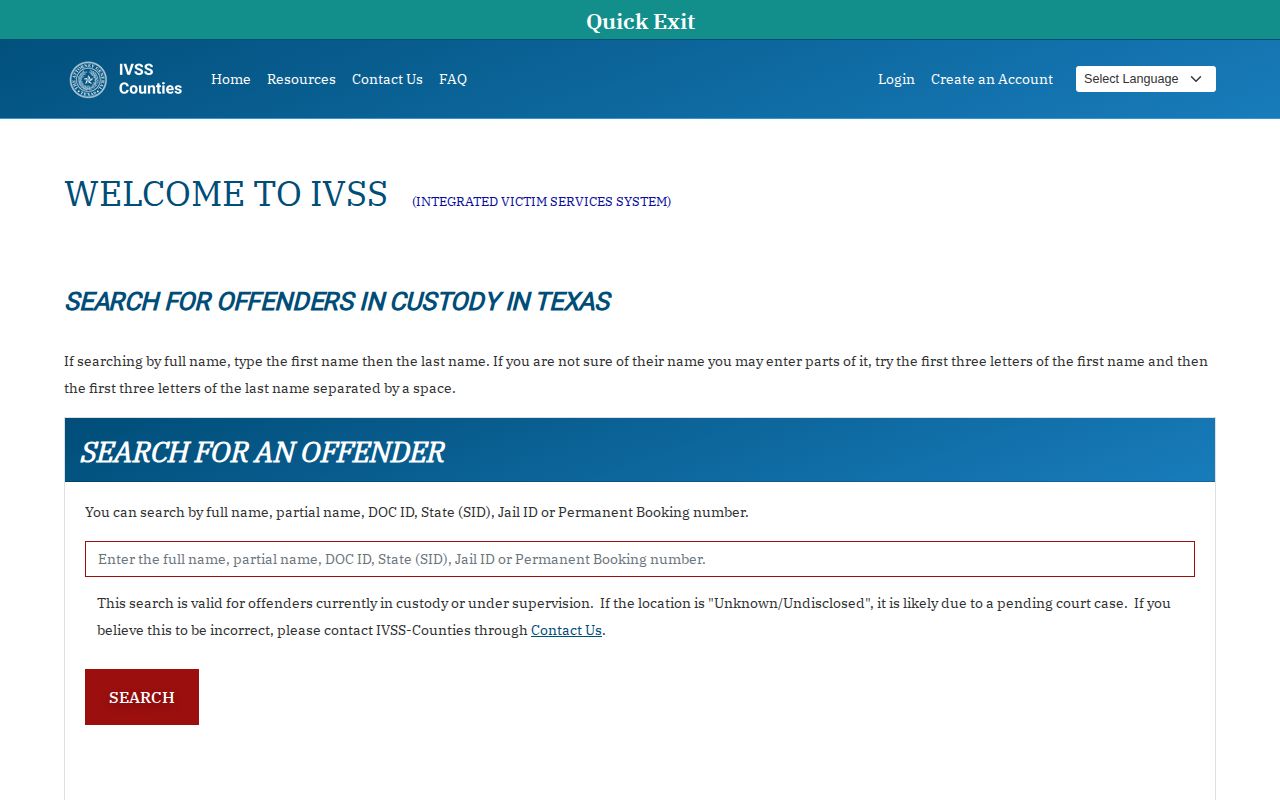 Texas IVSS person search for a Zavala County inmate check