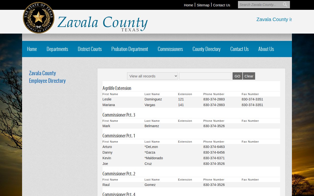 Zavala County Jail release contact in the official county directory
